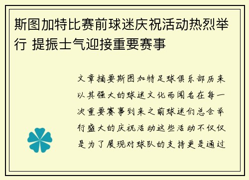 斯图加特比赛前球迷庆祝活动热烈举行 提振士气迎接重要赛事