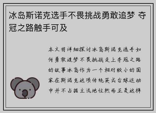 冰岛斯诺克选手不畏挑战勇敢追梦 夺冠之路触手可及