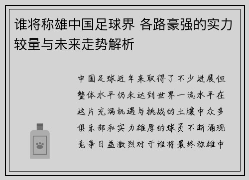 谁将称雄中国足球界 各路豪强的实力较量与未来走势解析