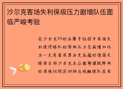 沙尔克客场失利保级压力剧增队伍面临严峻考验