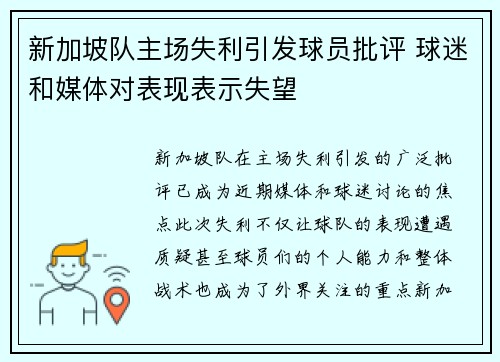 新加坡队主场失利引发球员批评 球迷和媒体对表现表示失望