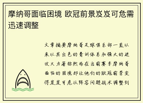 摩纳哥面临困境 欧冠前景岌岌可危需迅速调整